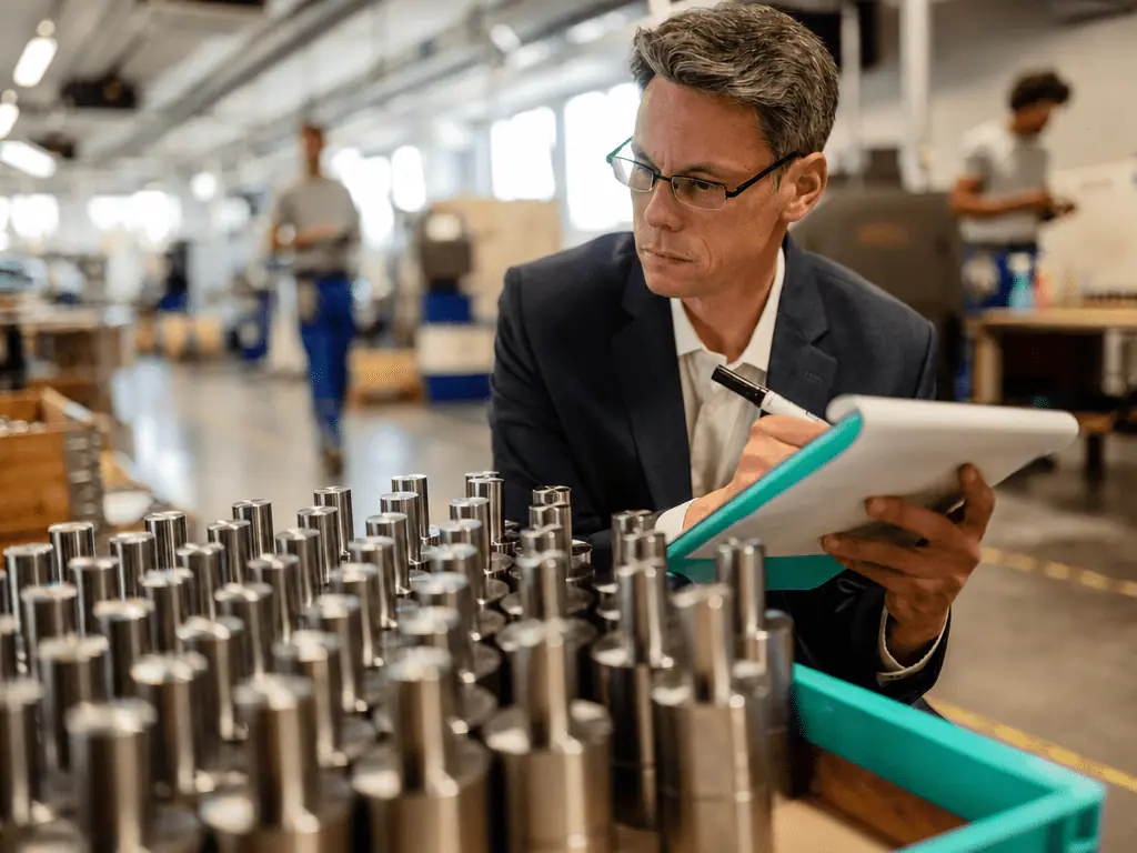 Acheteur qui contrôle des pièces en stock, tablette à la main