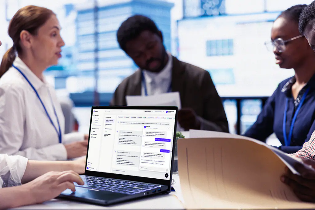 Collaboratrice échangeant avec un assistant IA sur son ordinateur, en réunion de travail