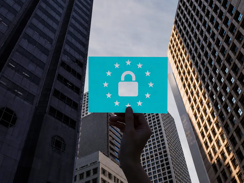 Drapeau européen stylisé portant un cadenas, brandi entre des immeubles de bureaux