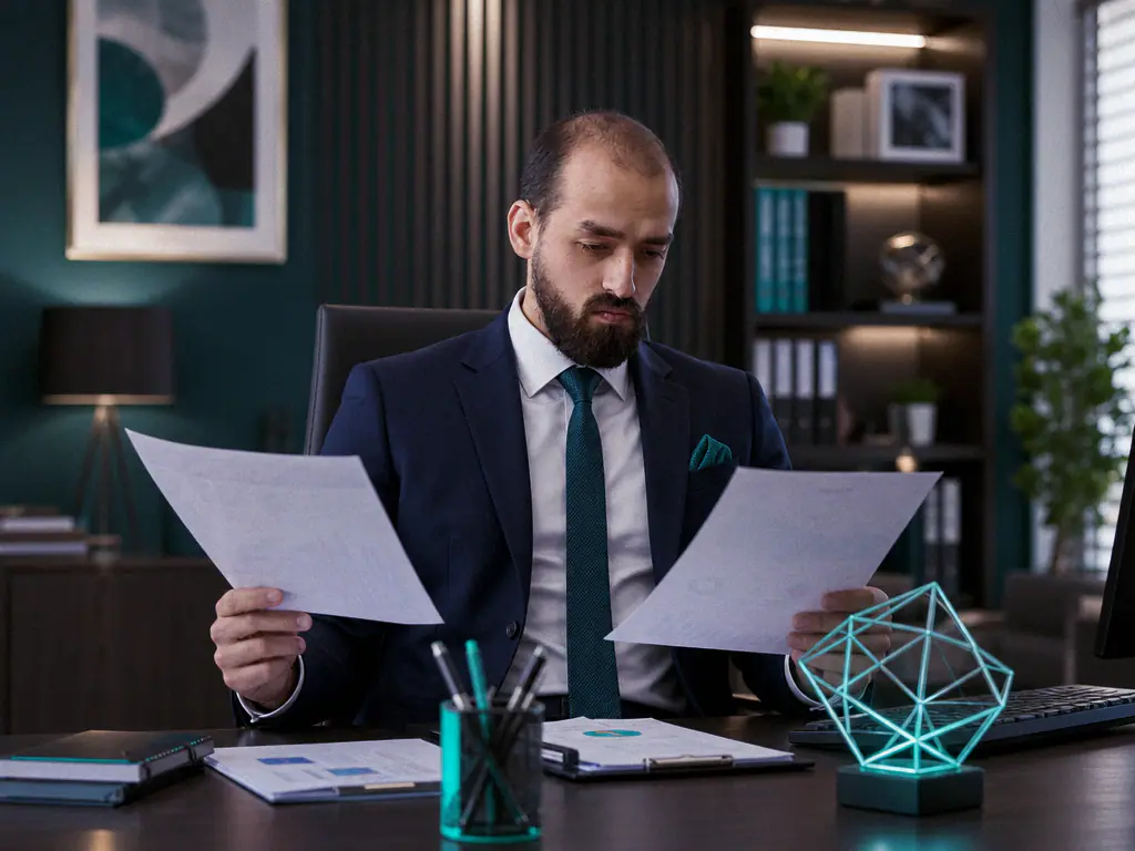 Dirigeant comparant deux documents imprimés dans son bureau