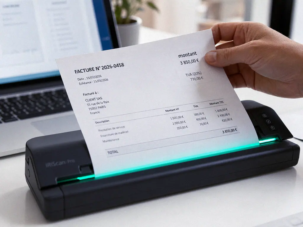 Facture fournisseur engagée dans un scanner de bureau à lumière mint