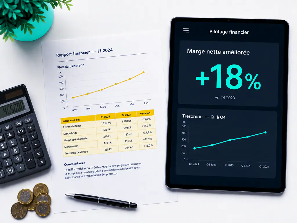 Tableau de bord de pilotage financier sur tablette, rapport de trésorerie imprimé à côté