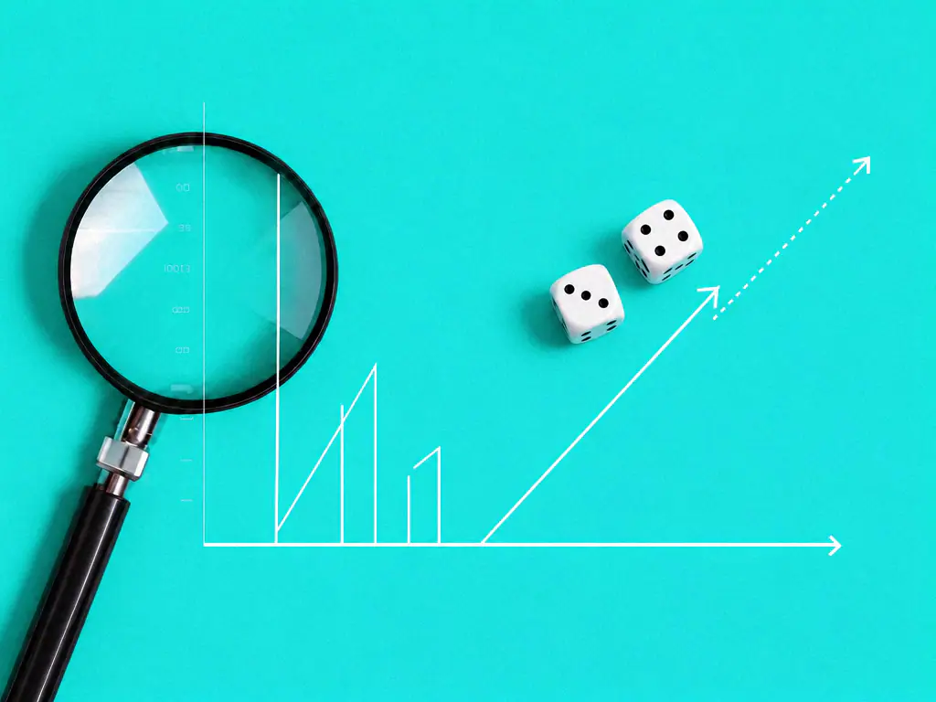Dés et courbe ascendante, illustrant la probabilité d’un événement