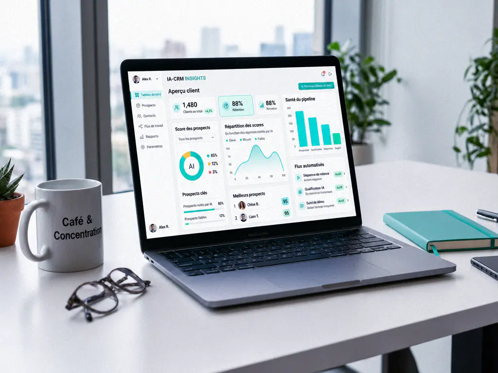 Tableau de bord CRM affiché sur un ordinateur portable, scores de prospects et flux automatisés