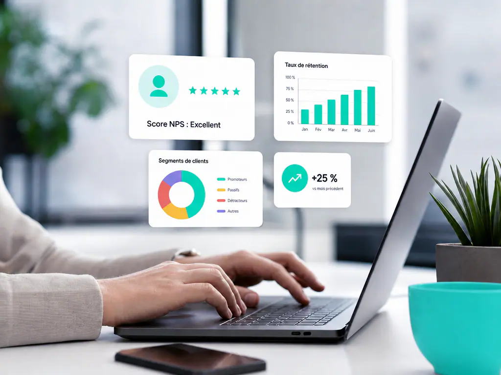 Indicateurs de relation client affichés au dessus d’un ordinateur portable, score et taux de rétention
