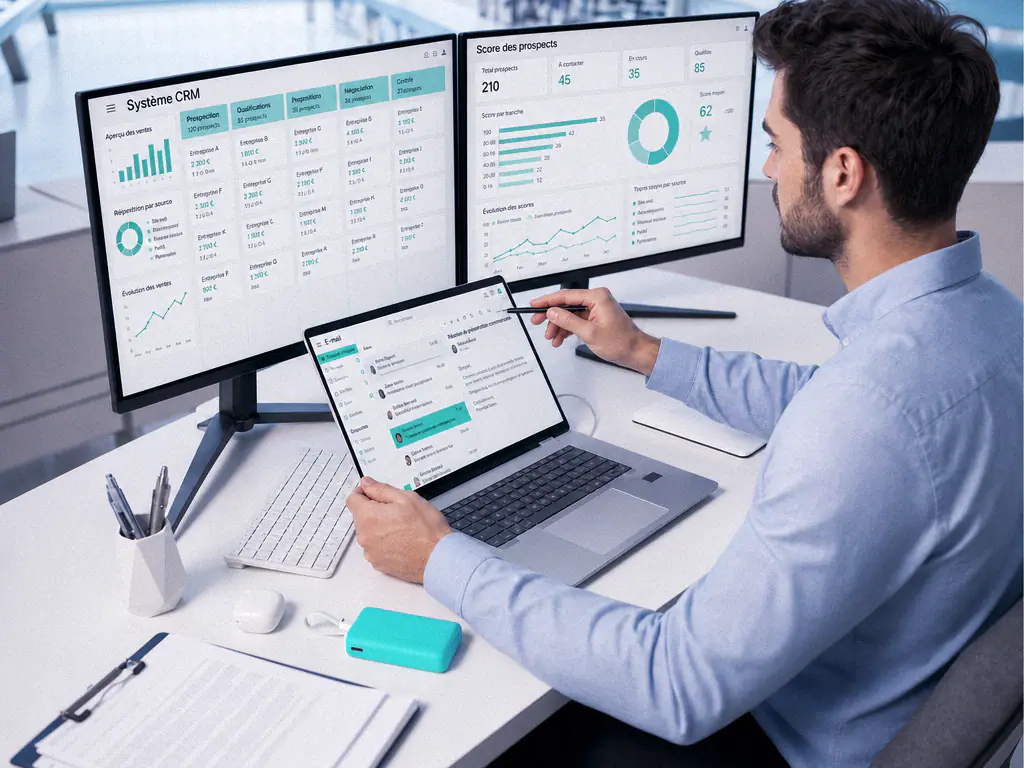 Responsable commercial devant un système CRM affiché sur deux écrans