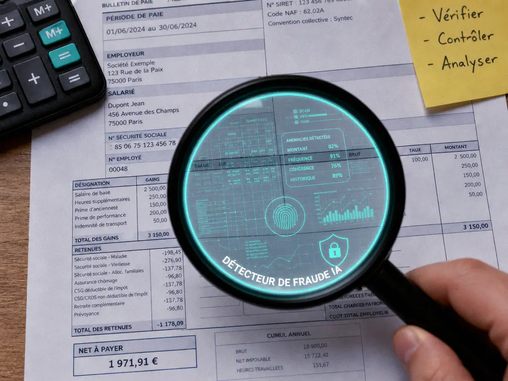 Bulletin de paie examiné par un détecteur de fraude, anomalies affichées en surimpression