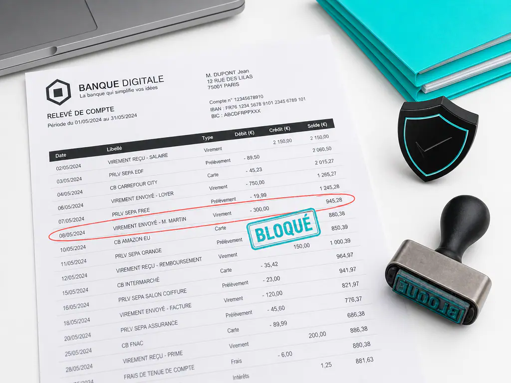 Relevé de compte bancaire avec une opération entourée et un tampon « bloqué »