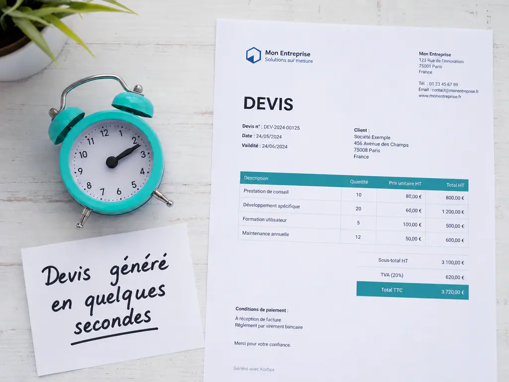 Devis imprimé avec ses lignes de prix unitaires, réveil posé à côté