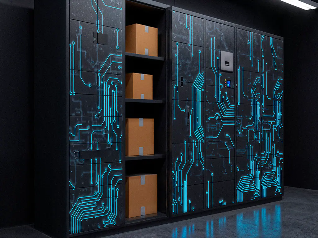 Casiers de stockage connectés à motifs lumineux cyan, colis rangés sur les étagères ouvertes