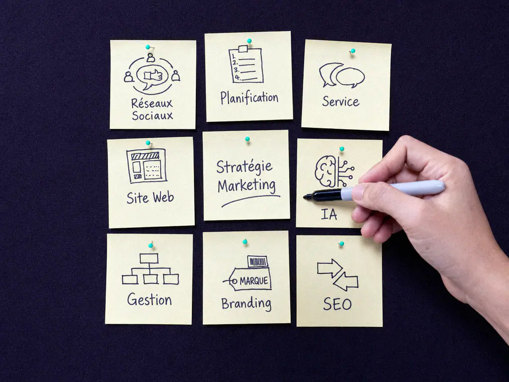 Notes épinglées sur un tableau : stratégie marketing, réseaux sociaux, SEO et IA