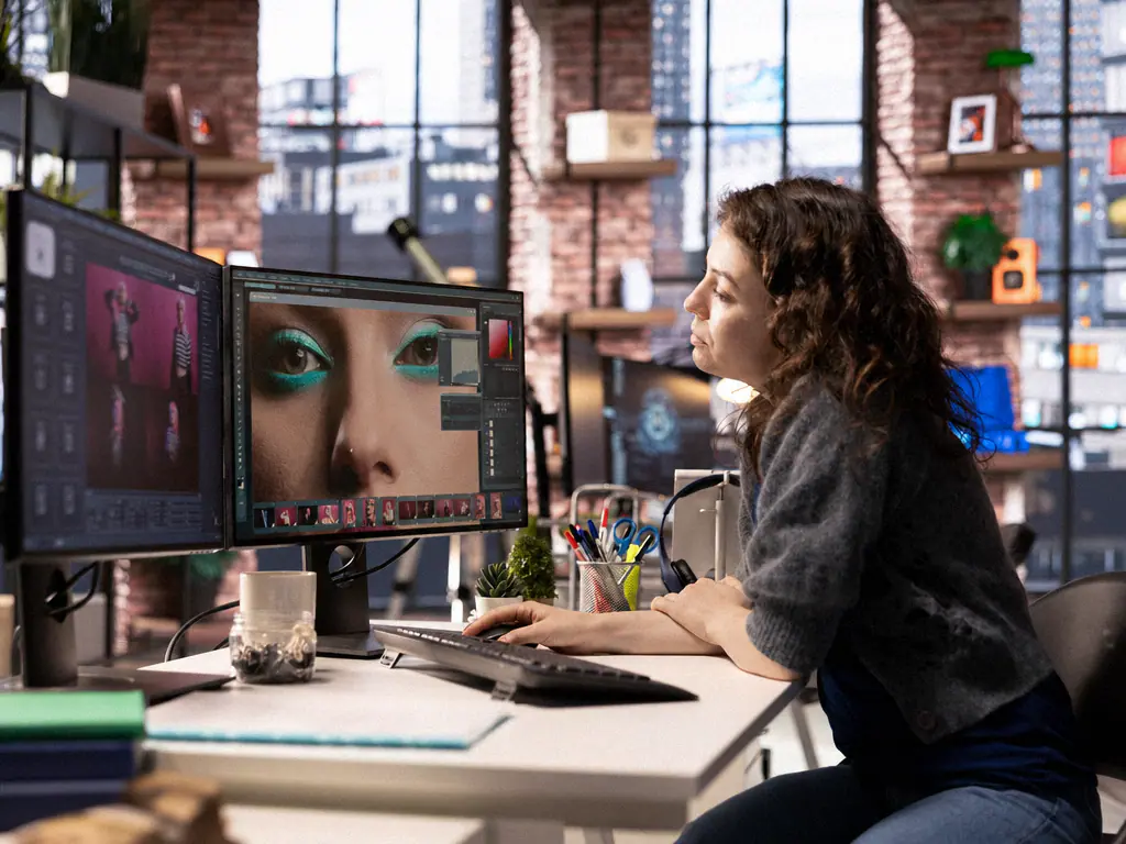 Création de visuels sur un poste de retouche, dans une agence