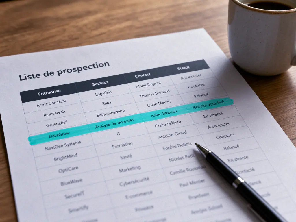 Liste de prospection imprimée, lignes surlignées à la main