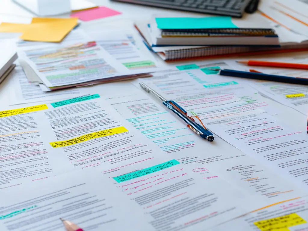 Documents annotés et surlignés à la main après une réunion