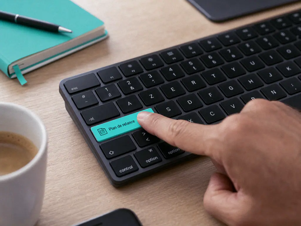 Doigt appuyant sur une touche de clavier mint intitulée Plan de relance