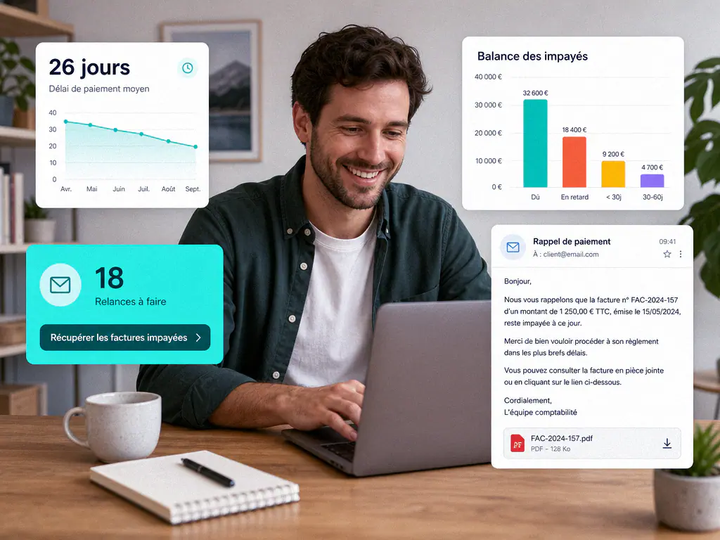Tableau de bord de relance affichant la balance des impayés, le délai de paiement moyen et un courriel de rappel de paiement