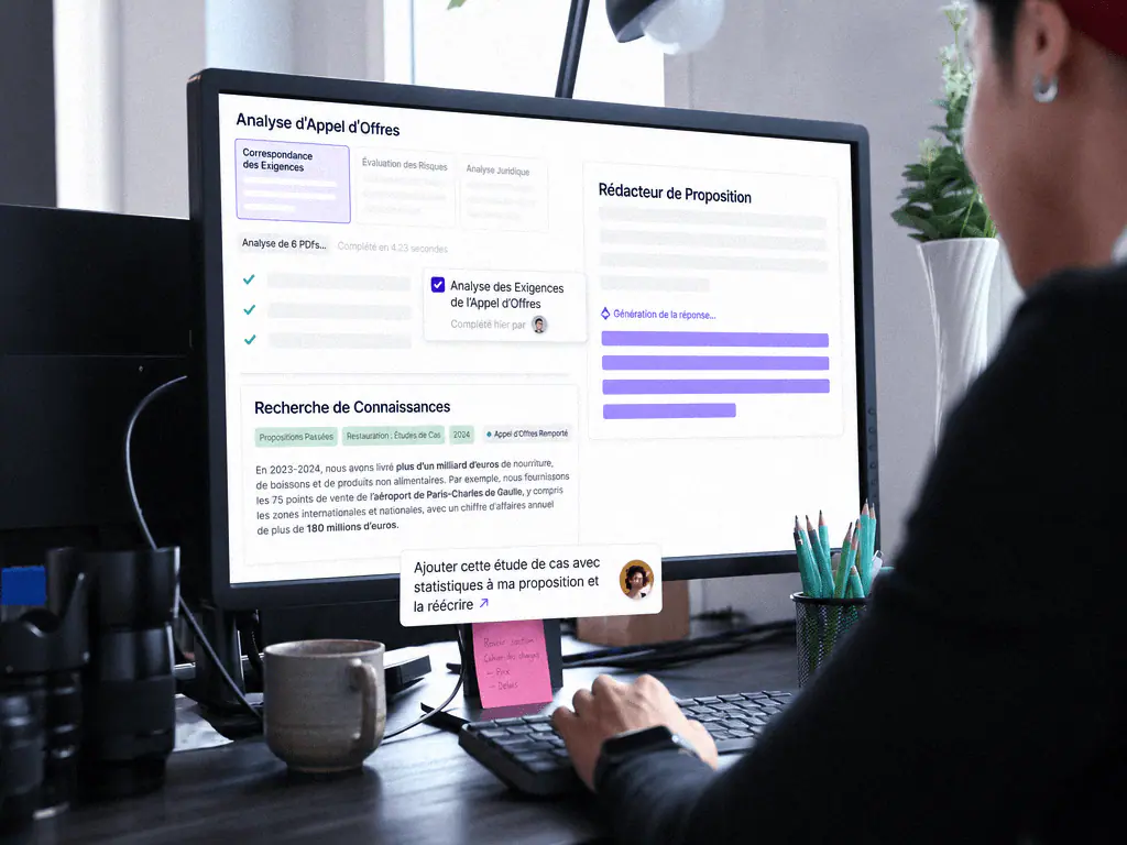 Écran d’analyse d’appel d’offres, exigences extraites et proposition en cours de rédaction