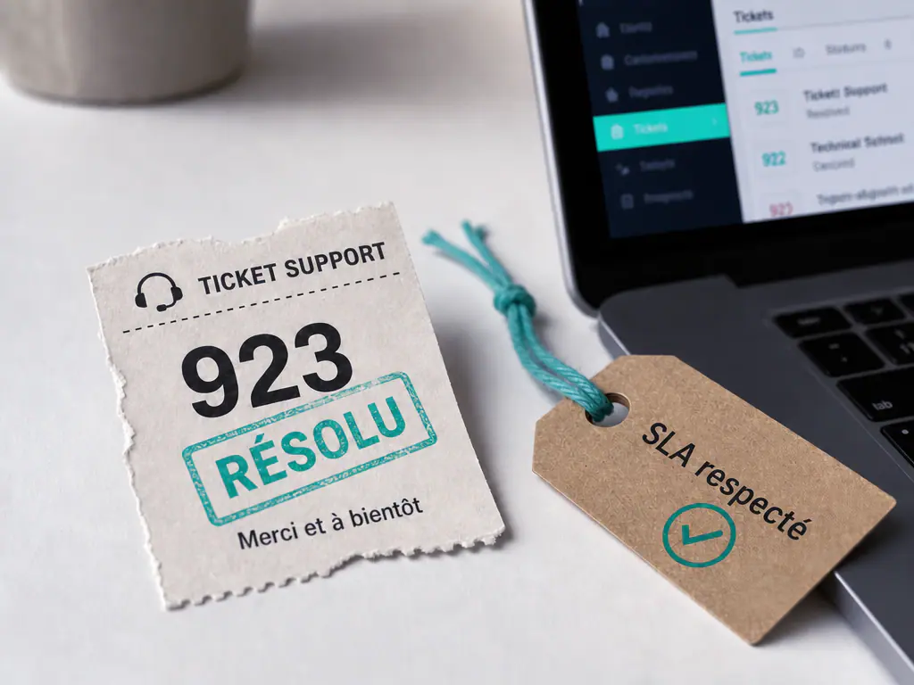 Ticket de support marqué résolu et étiquette « SLA respecté », posés près d’un ordinateur