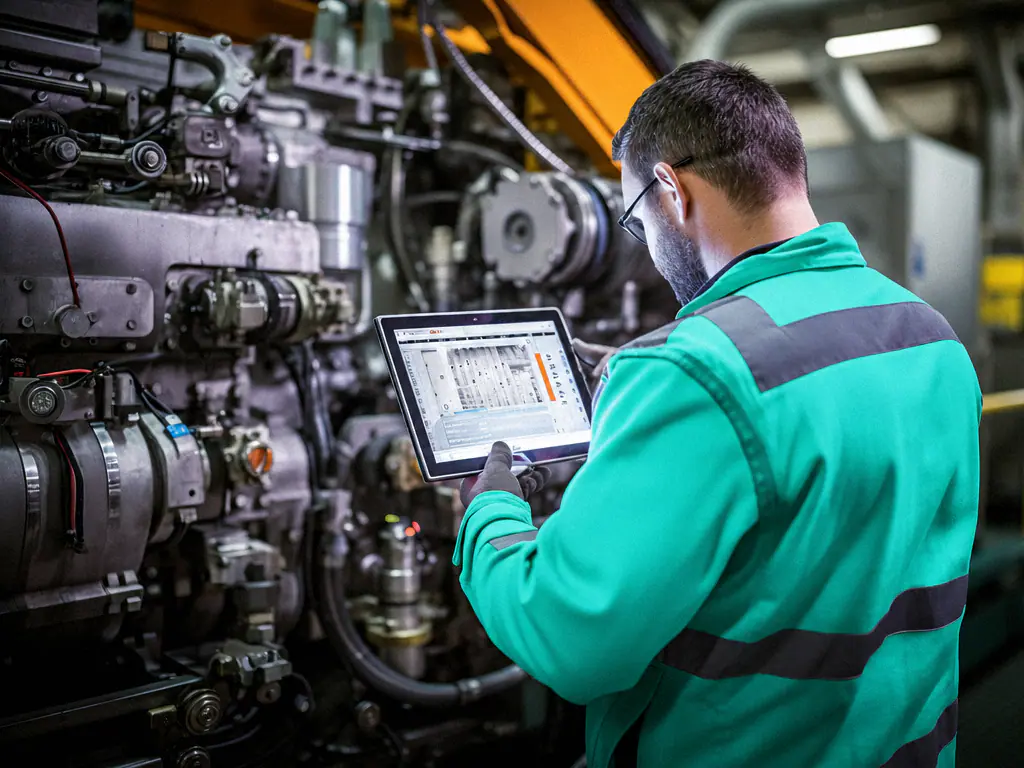 Technicien consultant le suivi d’une machine sur sa tablette, au pied de l’équipement