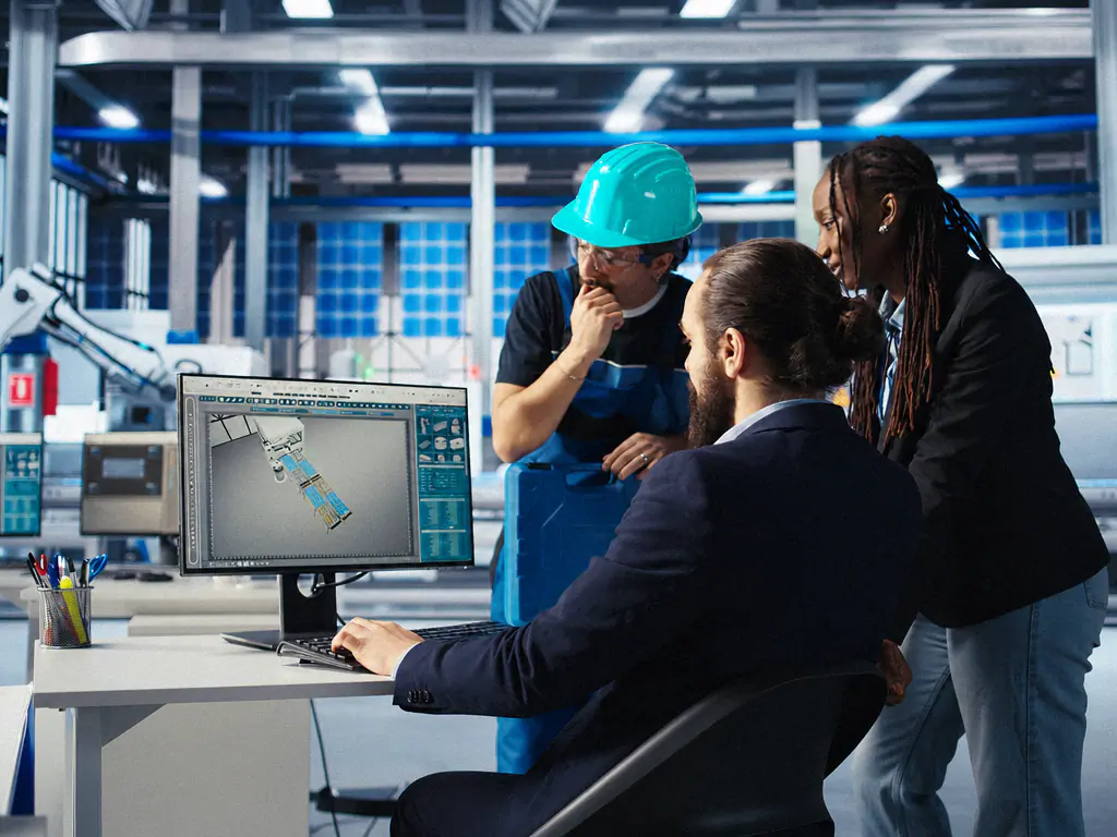 Équipe de production et bureau d’études analysant ensemble les données d’une machine à l’écran
