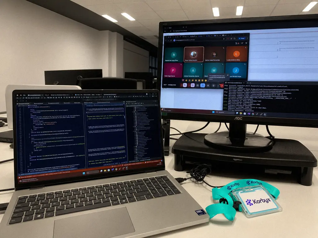 Un ordinateur portable et un écran affichent le code d’une solution IA