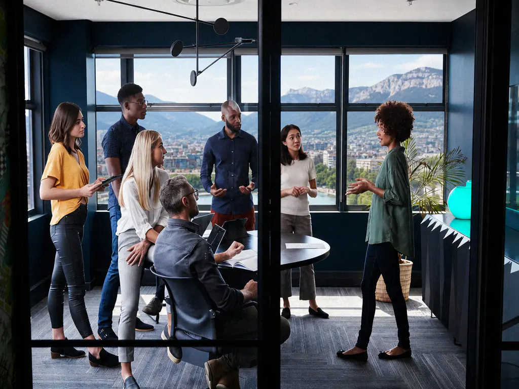 Une équipe échange dans un bureau avec vue sur Grenoble et les montagnes