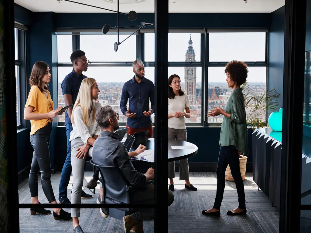 Une équipe échange dans un bureau avec vue sur les toits de Lille