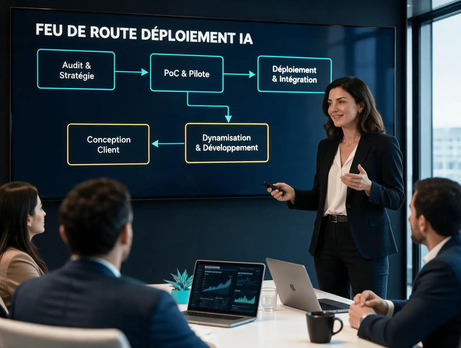 Une consultante présente une feuille de route de projet IA à une équipe