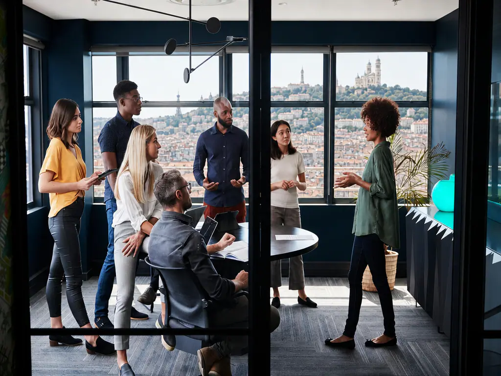 Une équipe échange dans un bureau avec vue sur les toits de Lyon