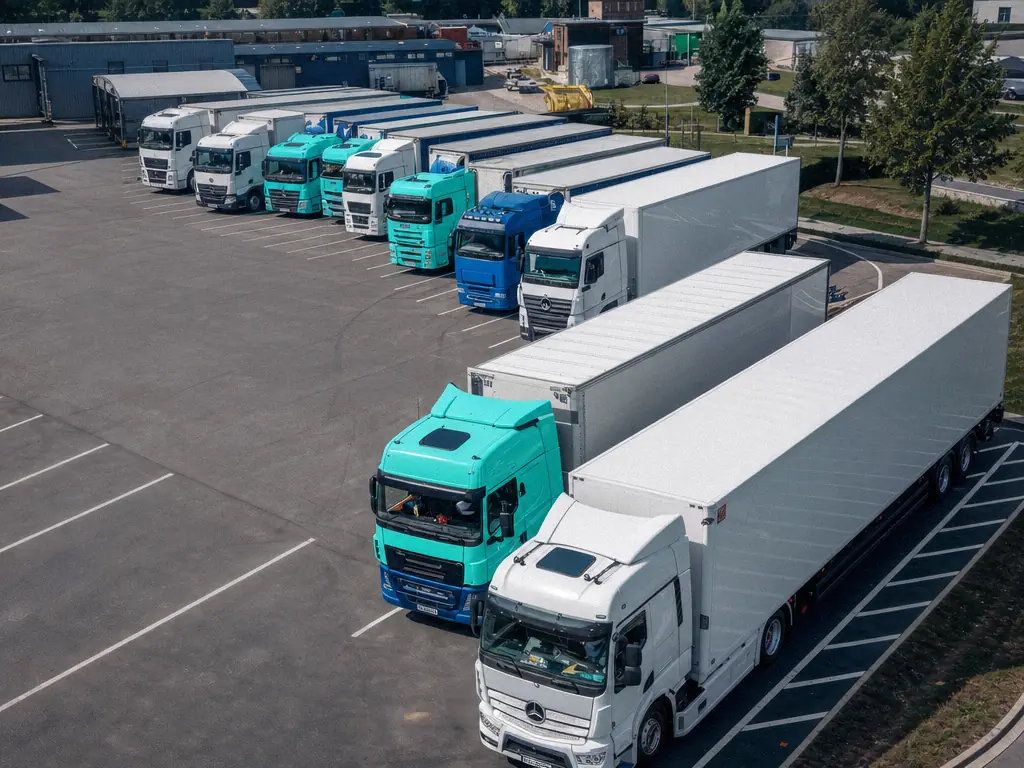Des camions stationnés sur une plateforme logistique