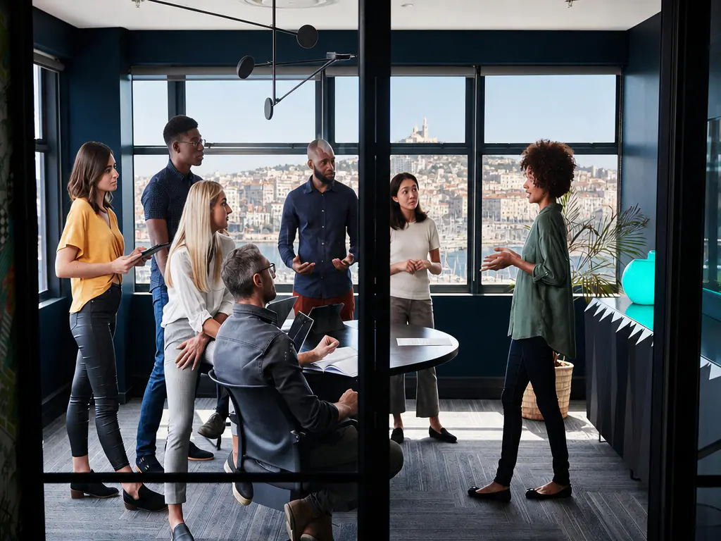 Une équipe échange dans un bureau avec vue sur les toits de Marseille