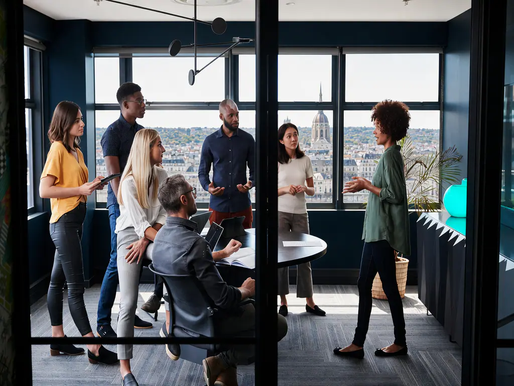 Une équipe échange dans un bureau avec vue sur les toits de Nantes