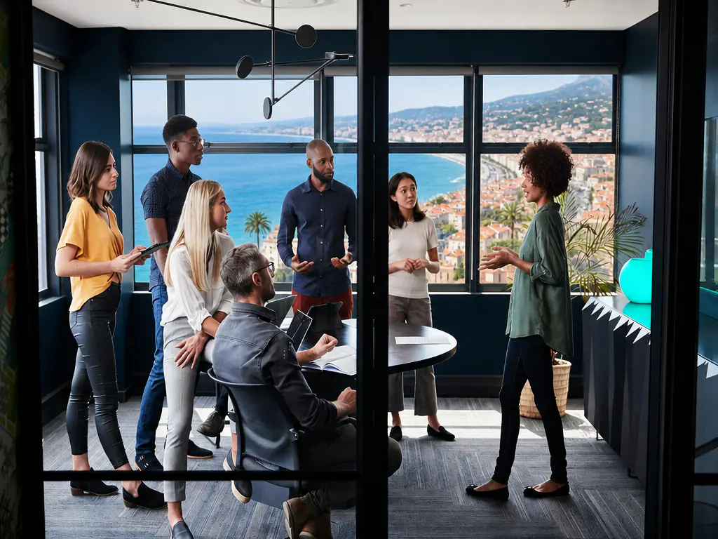 Une équipe échange dans un bureau avec vue sur la baie de Nice