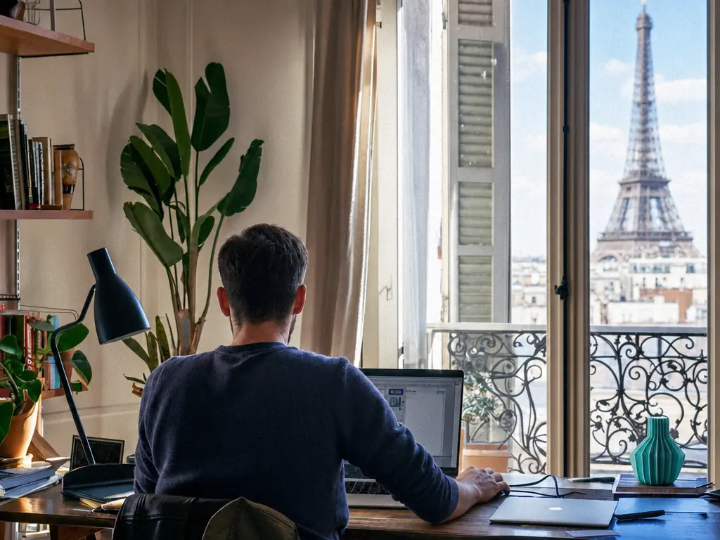 Un collaborateur travaille dans un bureau avec vue sur la tour Eiffel