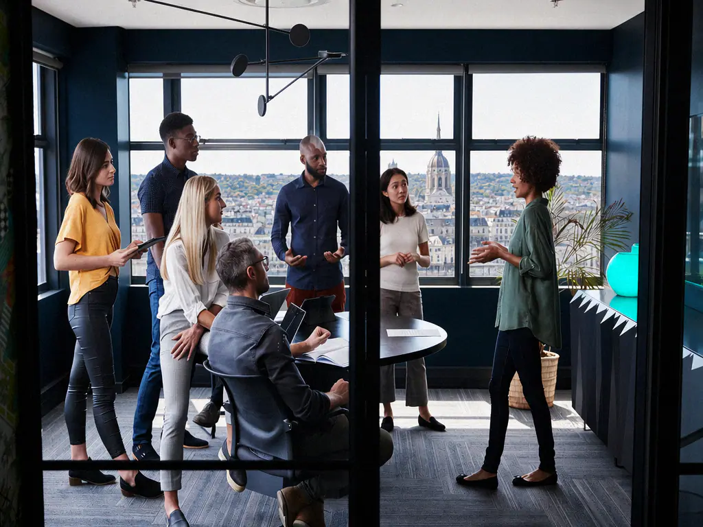 Une équipe échange dans un bureau avec vue sur les toits de Paris