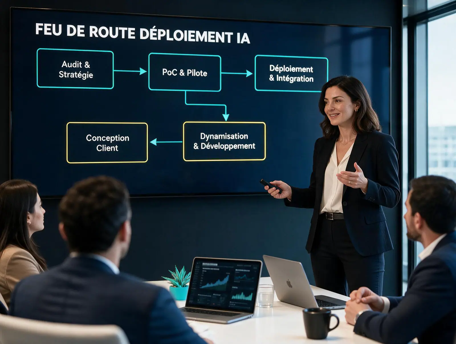 Une consultante présente une feuille de route de projet IA à une équipe