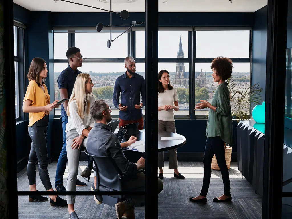 Une équipe échange dans un bureau avec vue sur les toits de Rennes