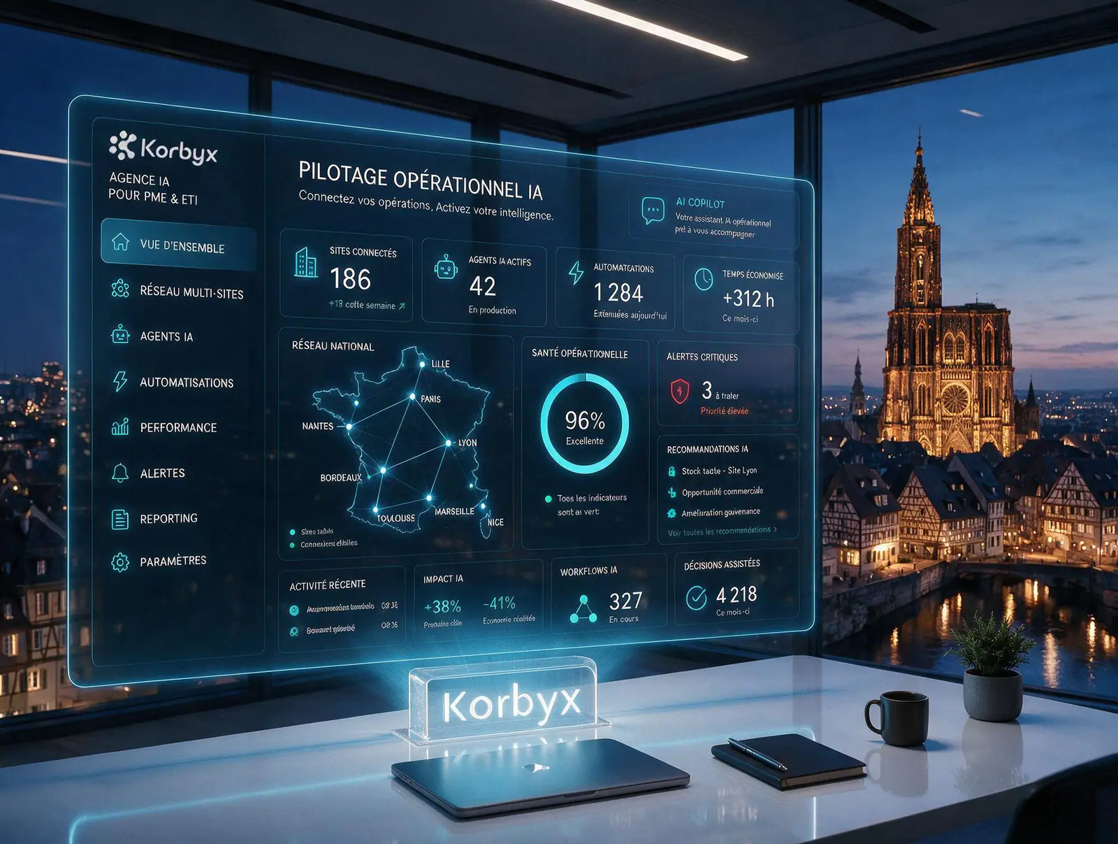 Tableau de pilotage d’un projet IA affiché devant une vue de Strasbourg au crépuscule