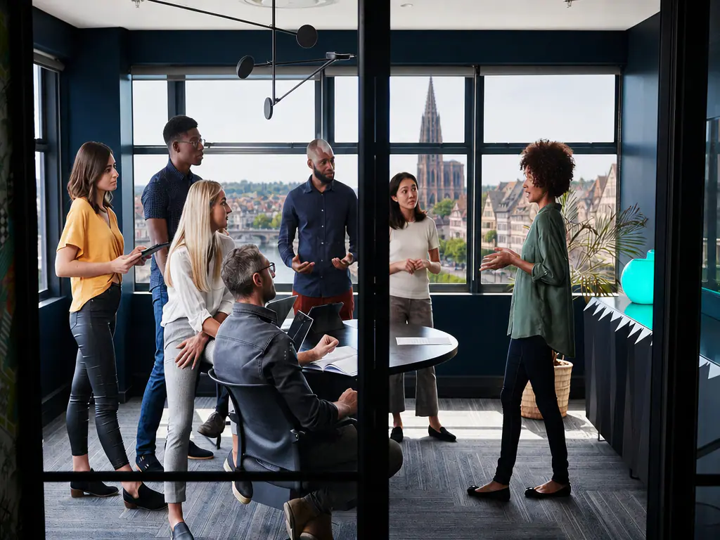 Une équipe échange dans un bureau avec vue sur les toits de Strasbourg