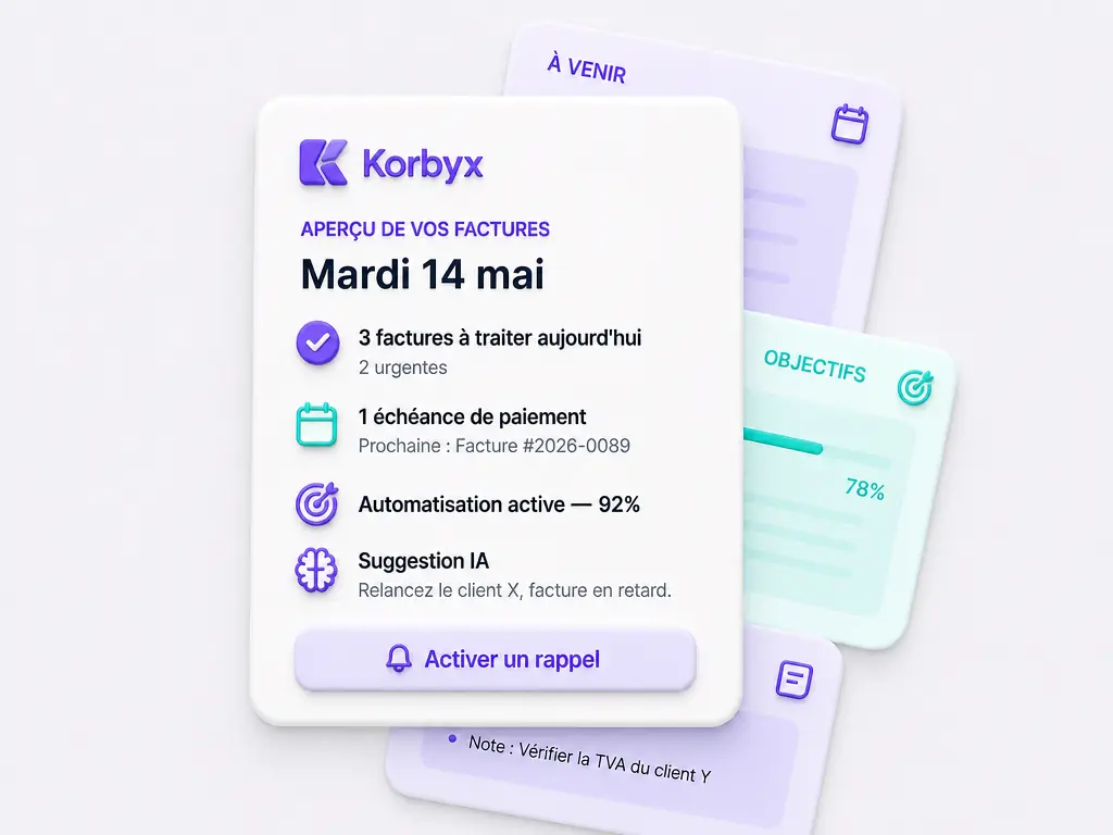 Un aperÃ§u des factures Ã  traiter et des suggestions dans une interface Korbyx