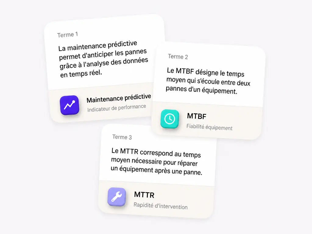 Des fiches de glossaire expliquant la maintenance prédictive, le MTBF et le MTTR