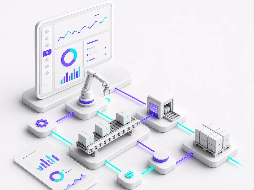 Une ligne de production connectée, avec robot, convoyeurs et tableaux d’analyse des données