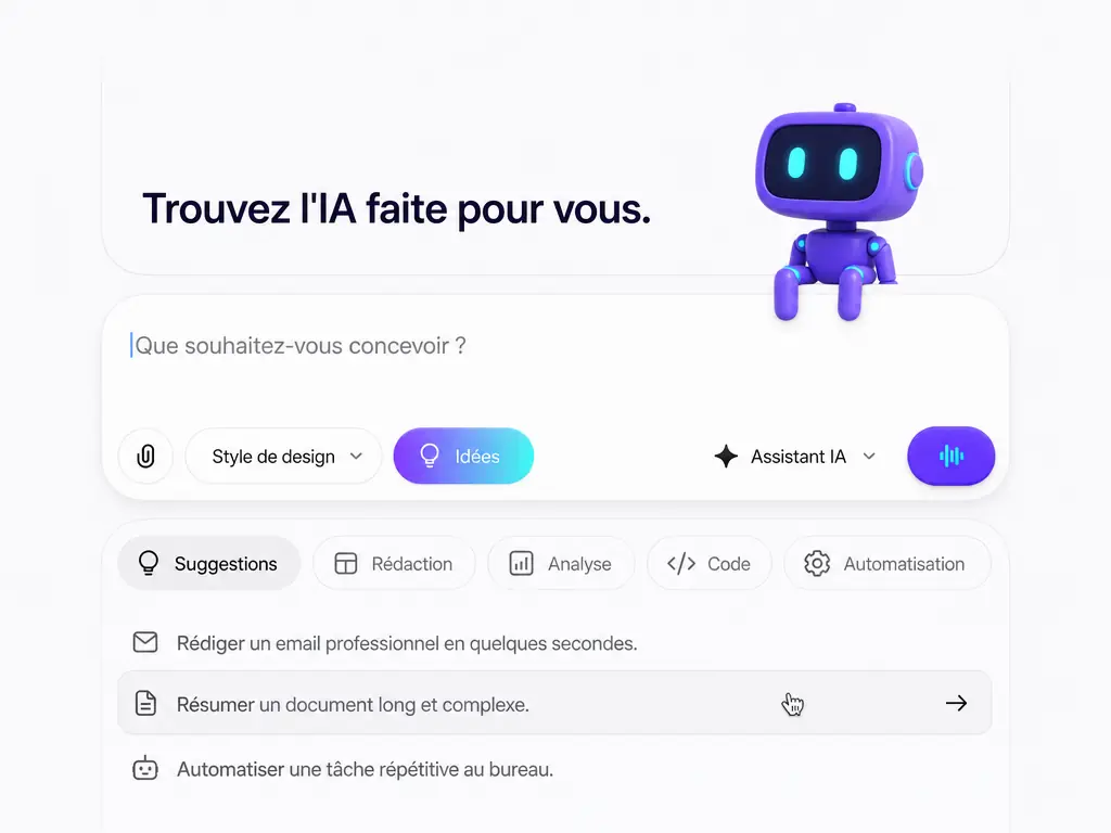 Interface d’un assistant IA proposant rédaction, analyse, code et génération d’images
