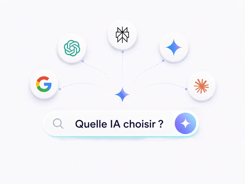 Une barre de recherche Â« Quelle IA choisir ? Â» entourÃ©e de logos d'assistants