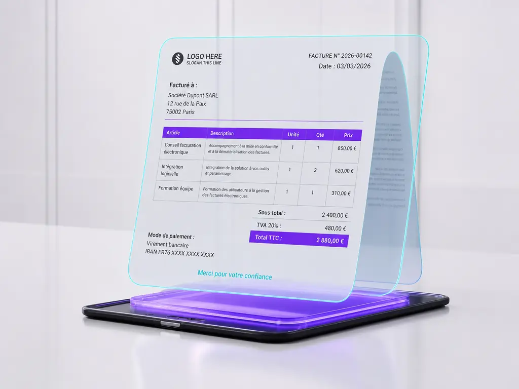 Une facture Ã©lectronique affichÃ©e sur une plaque de verre au-dessus d'une tablette