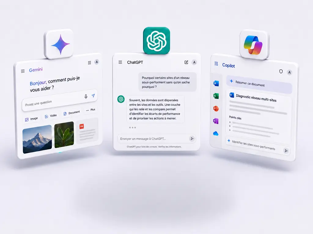Les interfaces de Gemini, ChatGPT et Copilot présentées côte à côte