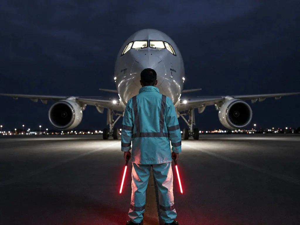 Un agent de piste tient ses balises lumineuses devant un avion de ligne, de nuit