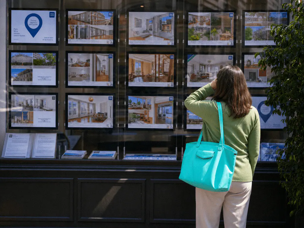 Passante regardant les annonces dans la vitrine d’une agence immobilière