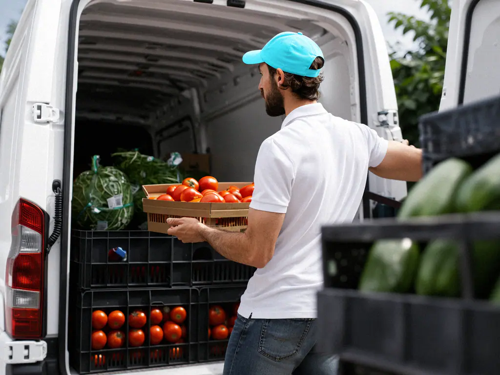 Chargement de cagettes de tomates et de légumes frais dans un utilitaire de livraison