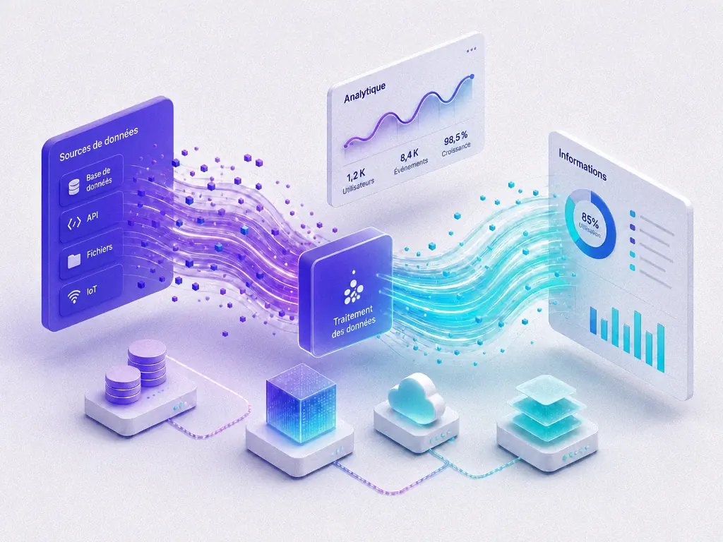 Illustration de flux de données passant de sources multiples à un traitement puis à des indicateurs